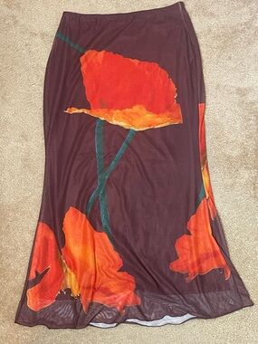 CIDER MIDI/MAXI SKIRT - Floral Print Maxi Skirt - Red Orange Poppy Design /